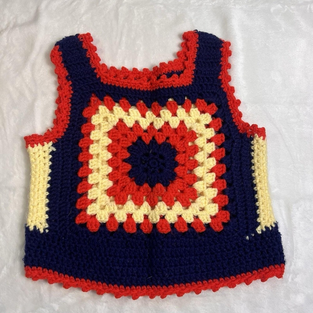 70s Vintage Crochet HIPPIE Child's Sweater Vest Shirt Granny Square Sz 6/8 S *se - Picture 6 of 6